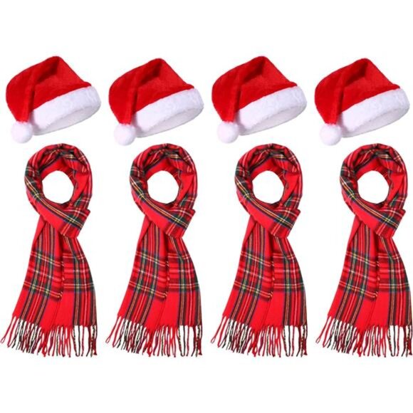 8PCS Christmas Santa Hat & Scarf Set - Buffalo Plaid Velvet Hats - Picture 1 of 8